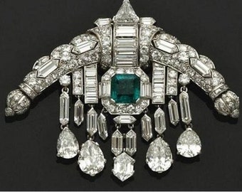 Sarpech Art Deco Emerald brooch, Queen Elizabeth ii Emerald Brooch Replica in 925 sterling silver Cubic Zircon wedding/ love gift