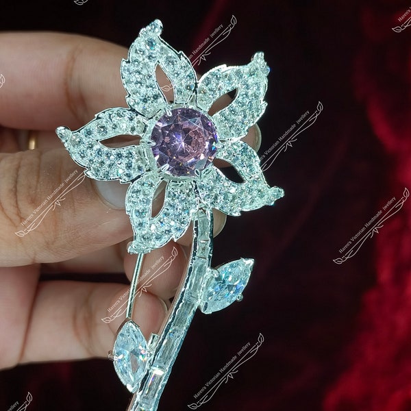 Art deco  925 sterling silver Cubic zircon pink diamond queen Elizabeth ii Williamson brooch/ flower brooch/ wedding brooch