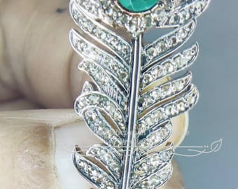 Art Deco Emerald Rose Cut Diamond Feather Brooch, Sterling Silver