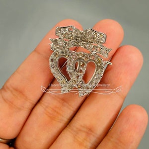 Edwardian era diamond heart bow brooch , 925 silver double heart pendant brooch, bridal collection, love jewelry, heart pendant necklace
