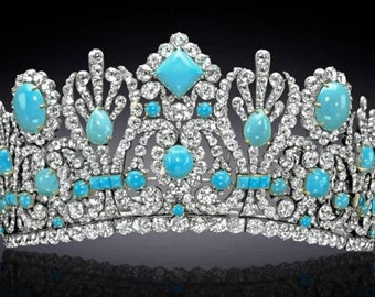 Vintage Reproduction 925 sterling silver CZ Zircon turquoise the empress Marie Louise's tiara Diadem tiara crown Bandeau for her/ women