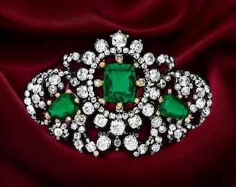 Vintage queen Amelia of Portugal emerald and diamond silver brooch
