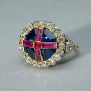 Königin Victoria Krönungsring Viktorianischer Saphir Rubin Diamant Halo Ring Königliches Kronjuwel Sterling Silber