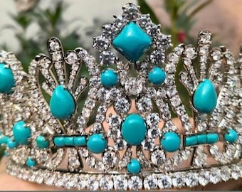 The Empress Marie Louise&#39;s Tiara Bandeau - CZ Zircon Turquoise Crown for Women, Vintage Reproduction