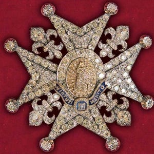Vintage order of spanish royal family star brooch  for him in 925 sterling silver and cubic zirconia