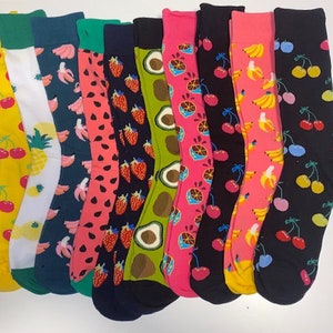 Men&#39;s Fashion Socks-Crew Length-Size Men&#39;s L 10-12 / Multiple Patterns of FRUIT-Bright Colors-100% Cotton-FREE SHIPPING
