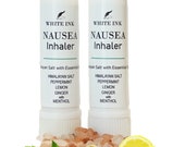 White Ink Nausea Inhaler with pink Himalayan Salt and Essential Oils for motion sickness, pregnancy s medicine induced nausea