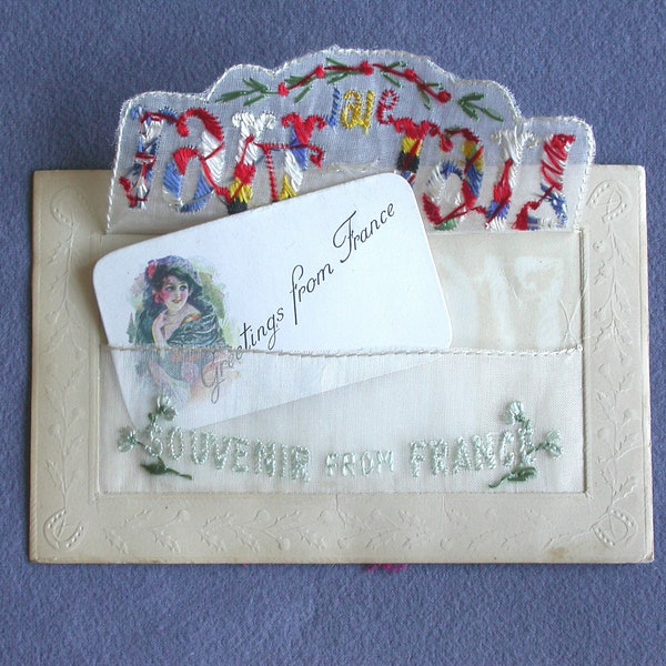2 Original Silk Embroidered French Postcards, Bonne Fête, Happy