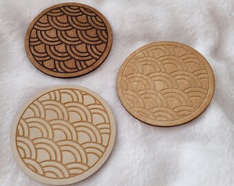 Set of wooden coasters, Seigaiha / 青海波 style, Japanese pattern engraved coasters, engraved wooden coasters