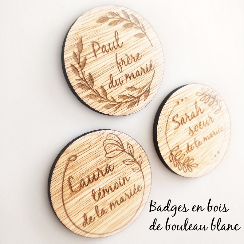 Badge mariage personnalisé aimanté en bois, badge magnet témoin, badge EVJF mariage champêtre bohême groomsmen and bridesmaids Sans