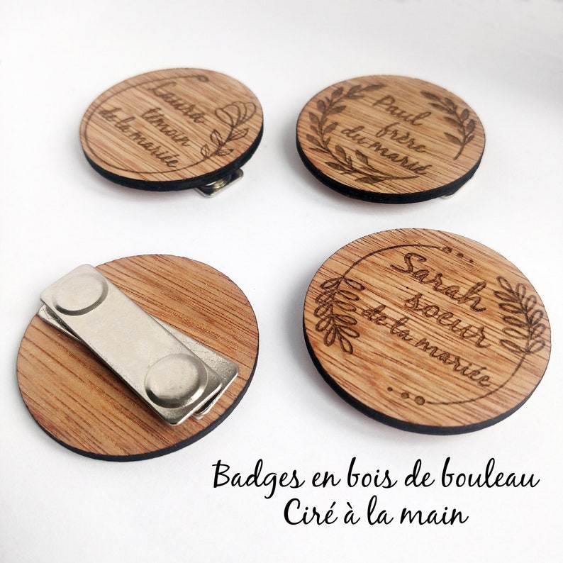 Badge mariage personnalisé aimanté en bois, badge magnet témoin, badge EVJF mariage champêtre bohême groomsmen and bridesmaids Avec