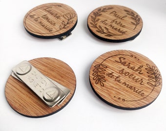 Lot de badges personnalisés aimantés en bois, badge pour mariage, témoin, badge EVJF mariage champêtre bohême groomsmen and bridesmaids
