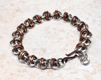 OAK BARREL RINGS Chain Maille Bracelet with Stainless Steel Knife Edge Jump Rings, Oxidized Solid Copper Jump Rings and S-Hook Clasp, Unisex