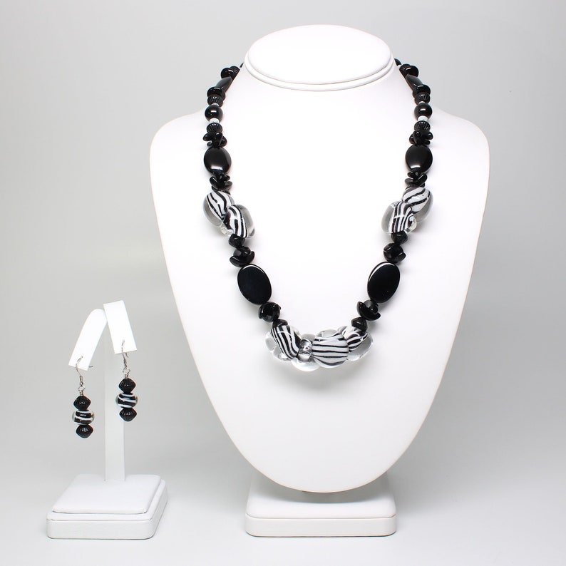 Statement Jewelry White Boro Glass Czech Glass Sterling Silver Black Chunky ZEALOUS ZEBRA Necklace and Earring Set African Safari