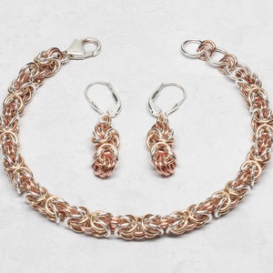 3-TONE BYZANTINE Chain Maille Necklace, Bracelet or Earrings, Adjustable, Sterling Silver, 14K Yellow Gold-Filled & 14K Rose Gold-Filled