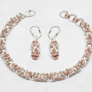 2-TONE BYZANTINE Chain Maille Necklace, Bracelet or Earrings, Adjustable, Sterling Silver & 14K Rose Gold-Filled, 15th Anniversary, Gift Her