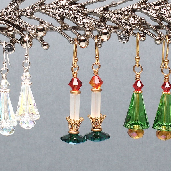 PYRAMID TREE or CANDLELIGHT Earrings, Sterling Silver, Gold Plate, Swarovski Crystals, Czech Crystals, Winter, Christmas Trees, Holiday