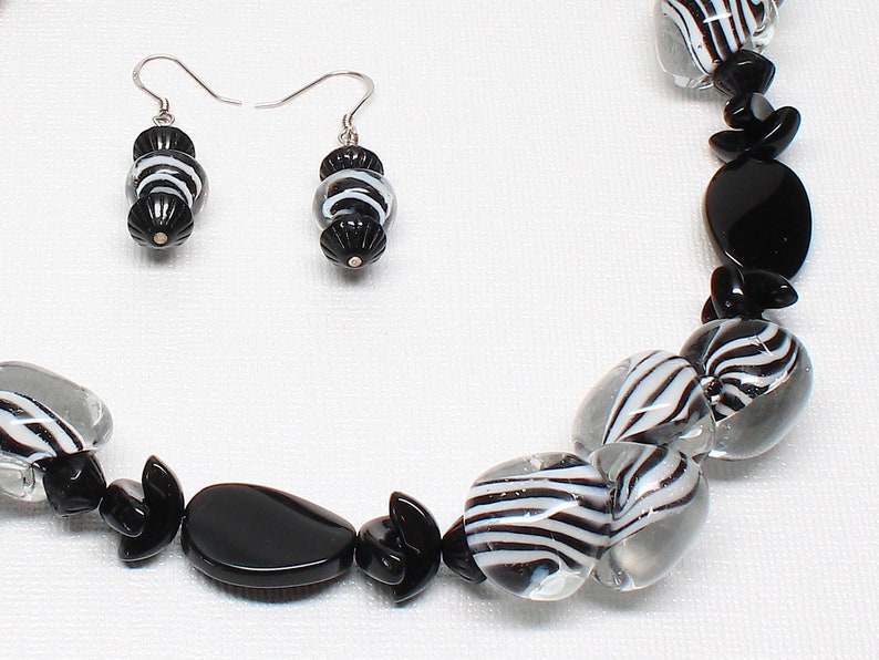 Statement Jewelry White Boro Glass Czech Glass Sterling Silver Black Chunky ZEALOUS ZEBRA Necklace and Earring Set African Safari