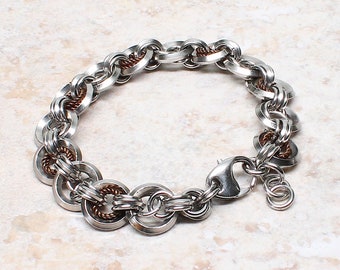 CIRCULAR MOTION Chain Maille Bracelet, Knife Edge Stainless Steel Jump Rings and Clasp, Oxidized Twisted Copper Jump Rings, Chunky, Unisex