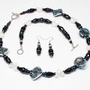 MIDNIGHT SEA Necklace, Bracelet, Earrings or 3-Piece Jewelry Set, Sterling Silver, Boro & Dichroic Glass, Goldstone Gemstone, Czech Crystals