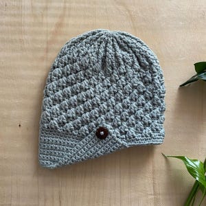 Peaked Hat with Buttons | Puff Stitch Hat | Crochet Beanie with Brim
