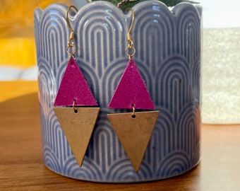 Leather earrings, Triangular brass and Leather Earrings.