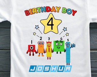 Personalised Number blocks style kids birthday tshirt | Children's Party t-shirt for girls and boys | Printed short sleeve crew neck shirt