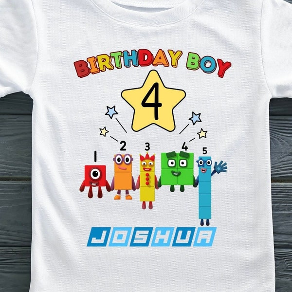 Personalised Number blocks style kids birthday tshirt | Children's Party t-shirt for girls and boys | Printed short sleeve crew neck shirt