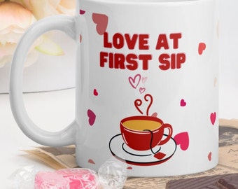 Personalised Valentine's message "Love at First Sip" Mug with Name -  Romantic Gift for Her, wife , girlfriend. Love heart design coffee mug