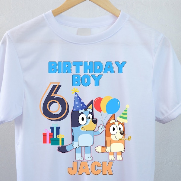 Personalised Bluey birthday style tshirt | children's Party t-shirt for girls and boys | Custom kids crew neck shirt with name & age design