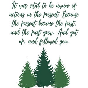 May include: A motivational quote about the importance of being aware of actions in the present, with a green background and three stylized green trees.