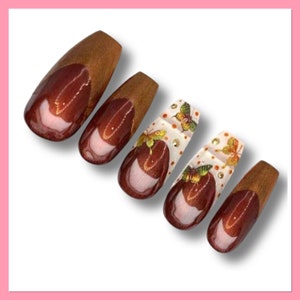 Butterfly Press On Nails | Gold False Nails | Brown Fake Nails | French Tip Nails | Almond Nails | Glue On Nails | Fall Nails | Autumn Nails