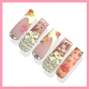 Floral Press On Nails | Rose Press Ons | Spring Nails | Bow Fake Nails | Flower False Nails | Pink Nails | French Tip Press On Nails