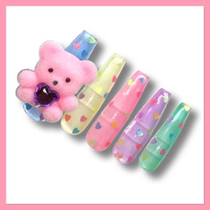 Rainbow Press On Nails | Heart Nails | Kawaii Nails | Pastel False Nails | Bear Fake Nails | Cute Nails | Spring Nails | Glue On Nails
