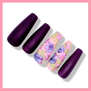 Purple Floral Press On Nails  | Pink Floral False Nails | Flower Fake Nails | Almond Press Ons | Light Purple Nails | Glue On Nails