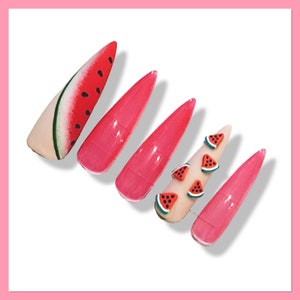 Fruit Press On Nails | 3D Fruits Nails | Watermelon Nails | Glue On Nails | Fruit Press on Nails | Fake Nails | Summer Nails