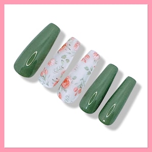 Grüne Presse auf den Nägeln | Blumen Gefälschte Nägel | Blumen Press-Ons | Rose False Nails |  Mandel Nägel | Kleber auf den Nägeln | Federnägel