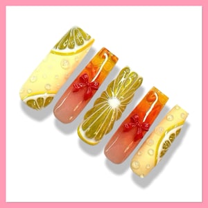 Lemon Press On Nails | False Nails | Fake Nails | Fruit Press On Nails | Pink Lemonade Nails | Glue On Nails | Almond Nails | Summer Nails
