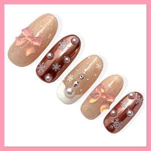 Snowman Press On Nails | Snowflake Nail Design | Bow Press Ons | Winter Snow Nails | Fake nails | Pink Snowflake Nails | Snowman Nails