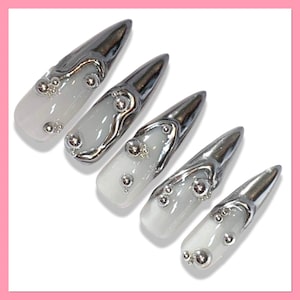 3D Chrome Press On Nails | Silver Drip False Nails | Liquid Metal Press Ons | Molten Metal Press On Nails | Y2K Nails | Metal French