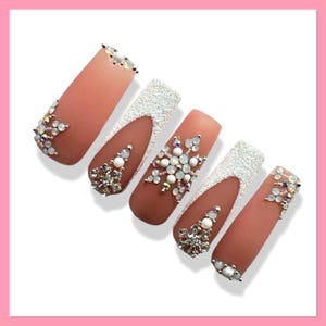Winter Snowflake Press On Nails | Christmas Fake Nails | Xmas  Nails | Winter Glitter Nails | French Tip Glue On Nails | Christmas Icey Nail