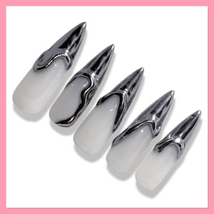 3D Chrome Press On Nails | Silver Drip Nails | Liquid Metal Press Ons | Molten Metal False Nails | Y2K Nails | Metal French Tip