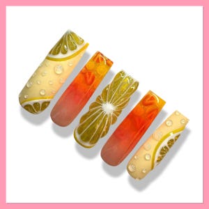 Lemon Press On Nails | False Nails | Fake Nails | Fruit Press On Nails | Pink Lemonade Nails | Glue On Nails | Almond Nails | Summer Nails