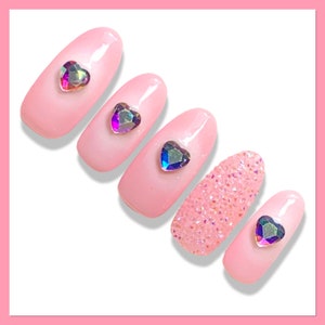 Pink Heart Press On Nails | Cute Press On Nails | Pink False Nails | Heart Fake Nails | Kawaii Nails | Almond Nails | Fake Nails