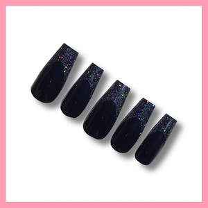 Black French Tip Press On Nails | Solid Color Nails | Rocker False Nails | Gothic Fake Nails | Glitter Nails | Glue On Nails