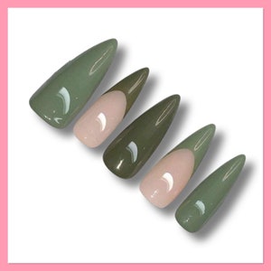 Green Press On Nails | French Tip Nails | Fall Fake Nails | Minimalist False Nails | Almond Nails | Glue On Nails | Light Green Nails