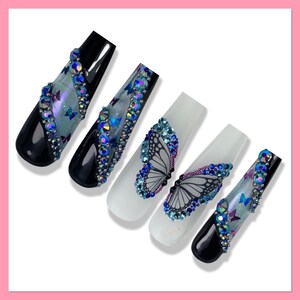 Butterfly Press On Nails | Rhinestone Nails | Fake Nails | Glue On Nails | Almond Nails | Black Press On Nails | Blue Nails