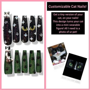 Cat Press On Nails | kawaii kitten Nails | Cat Lover Fake Nails | Cute Cat Press Ons | Cat’s | Hand Painted False Nails