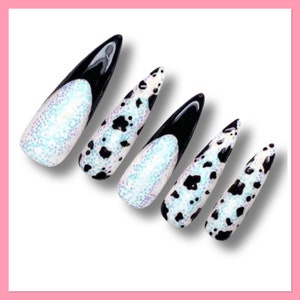 Cow Print Press On Nails | Animal Print Nails | Glitter Fake Nails | Glue On Nails | French Tip False Nails | Black And White Press Ons