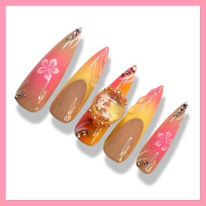Hibiscus Flower Press On Nails | Sunset Tropical Flower Glue On Nails | 3D Flower Nails | Hawaiian Flower Nails | Summer Nails | Floral Nail
